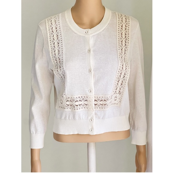 TORY BURCH White Fitted Sweater Cardigan with Crochet Detail - Picture 2 of 15